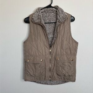Thread & Supply Taupe Sherpa, quilted reversible zip up vest with pockets